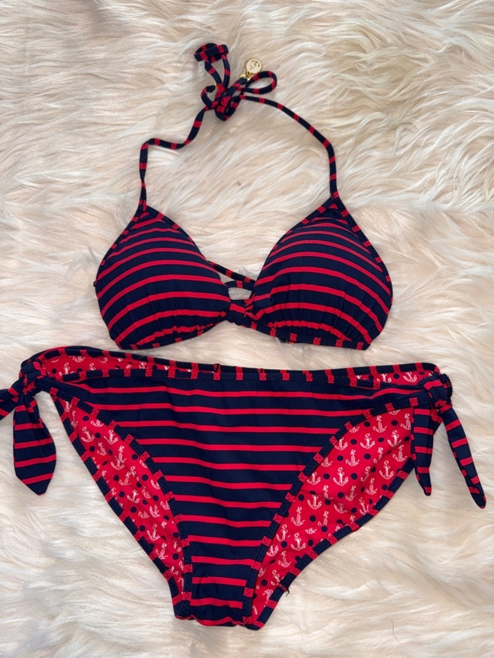 SPERRY Navy & Red Striped Reversible Nautical Anchor Triangle Bikini XS/S Preppy